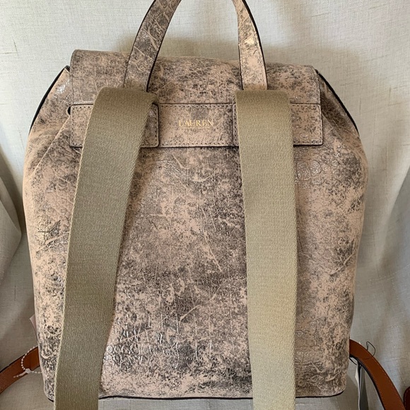 RALPH LAUREN Backpack Olive Bronze Tan Croc Embossed Leather Preppy Bag - Picture 6 of 11